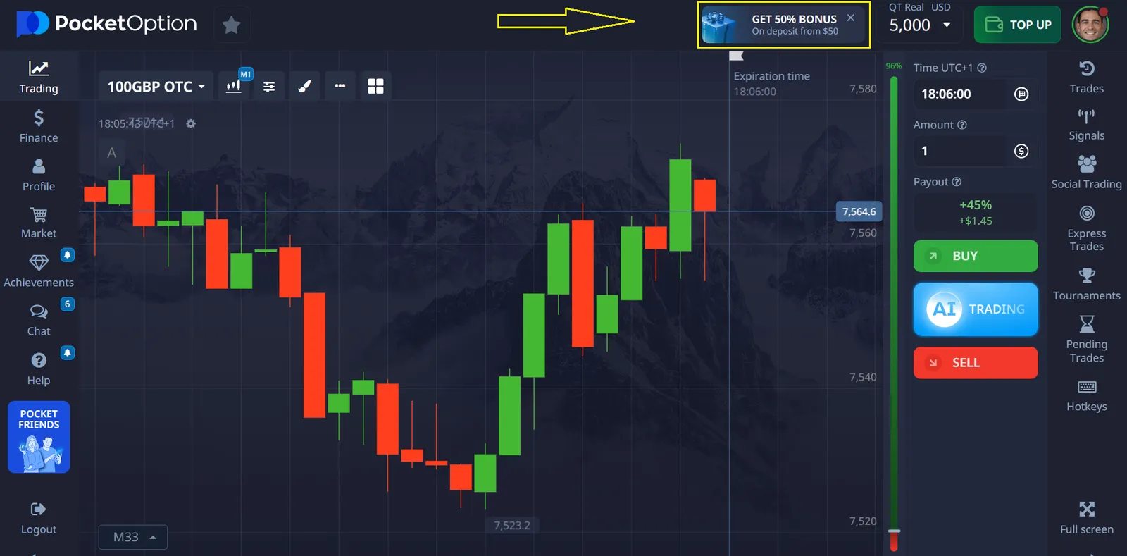 Pocket Option bonus types - 50START and Marketplace