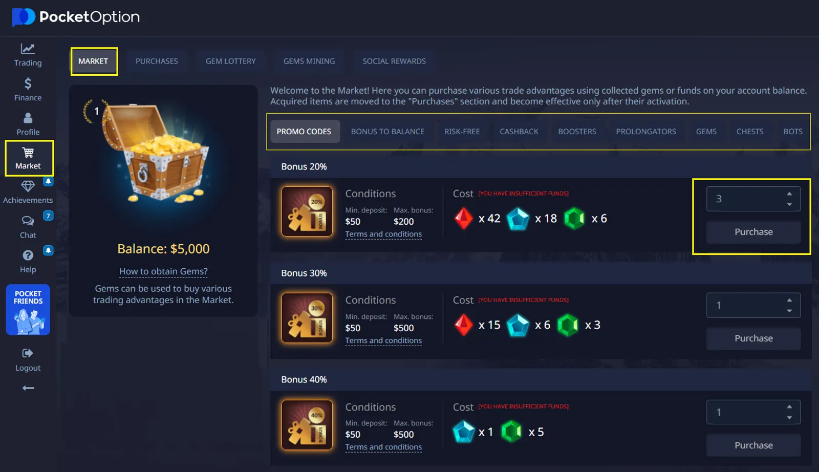 Where to find Pocket Option promo codes - Marketplace and promotions